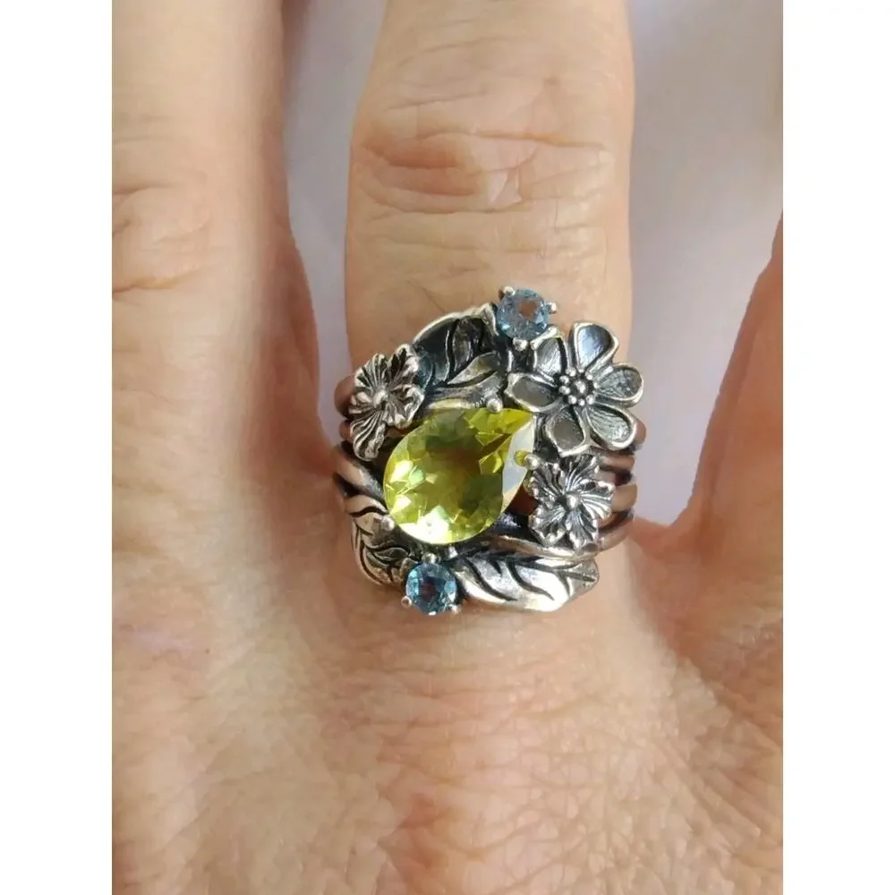 OR PAZ STERLING 925 FLORAL LEMON QUARTZ & BLUE TOPAZ GEMSTONE RING Sz 9.25